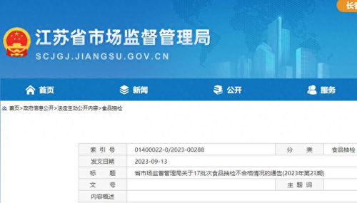 江蘇省17批次食品抽檢不合格,涉無錫 南京 揚(yáng)州等多地經(jīng)營企業(yè)
